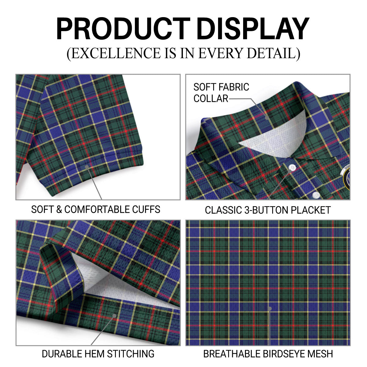 Ogilvie Hunting Modern Tartan Crest Birdseye Mesh Polo Shirt