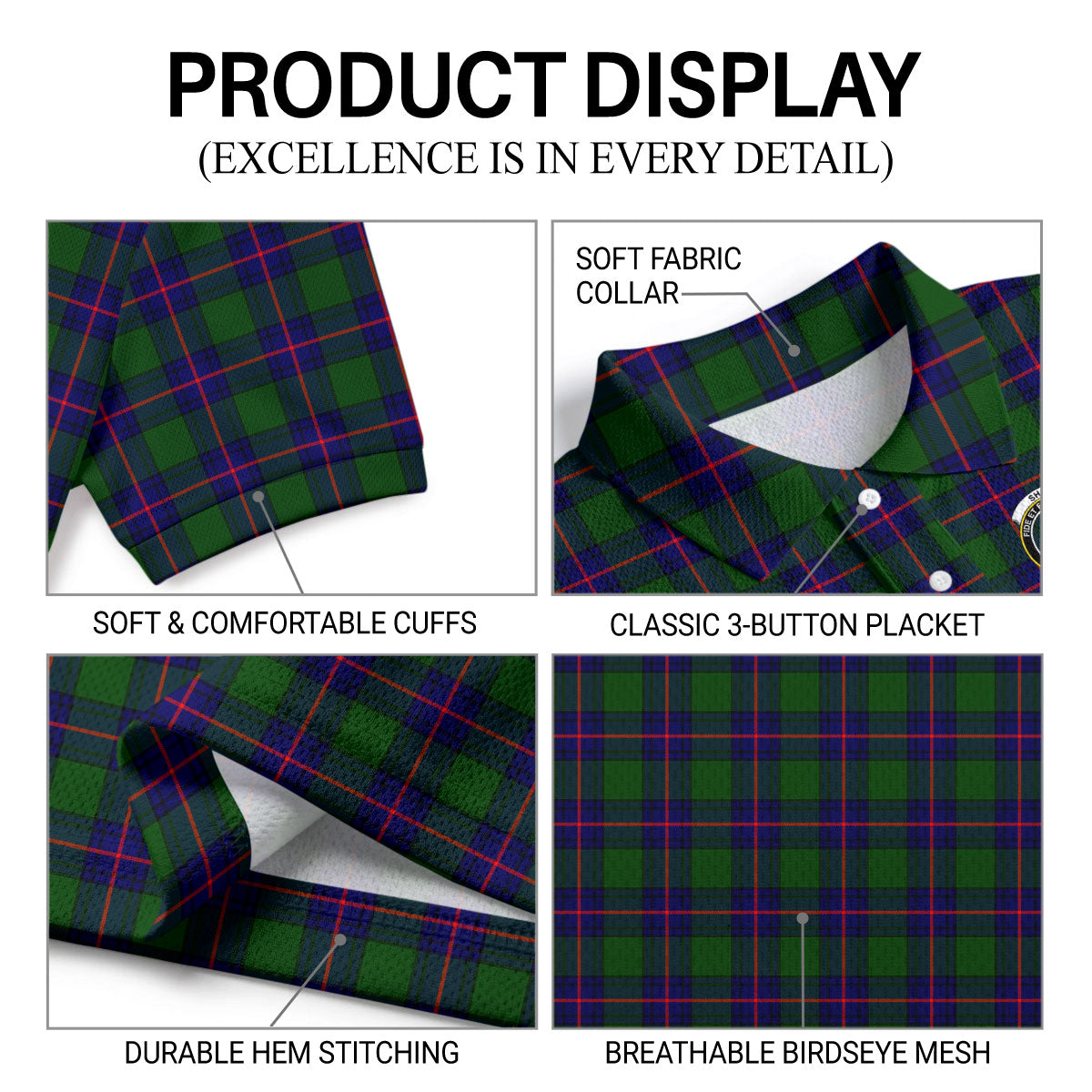 Shaw Modern Tartan Crest Birdseye Mesh Polo Shirt