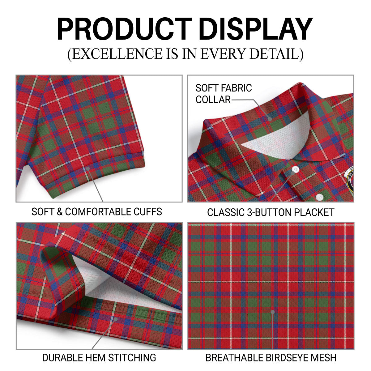 Shaw Red Modern Tartan Crest Birdseye Mesh Polo Shirt