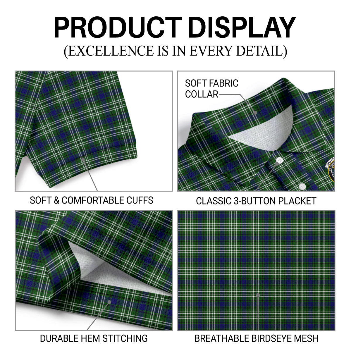Spottiswood Tartan Crest Birdseye Mesh Polo Shirt