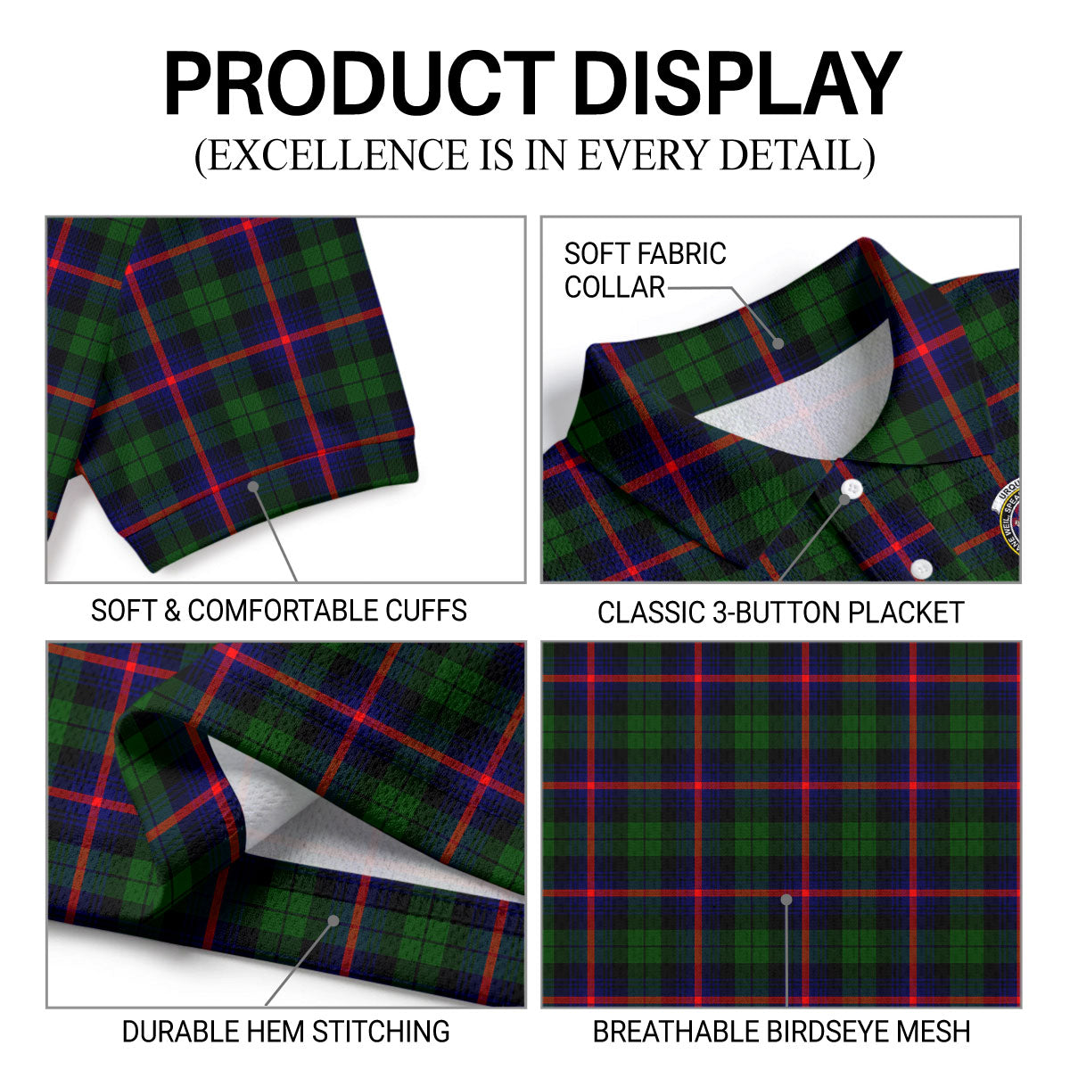 Urquhart Modern Tartan Crest Birdseye Mesh Polo Shirt