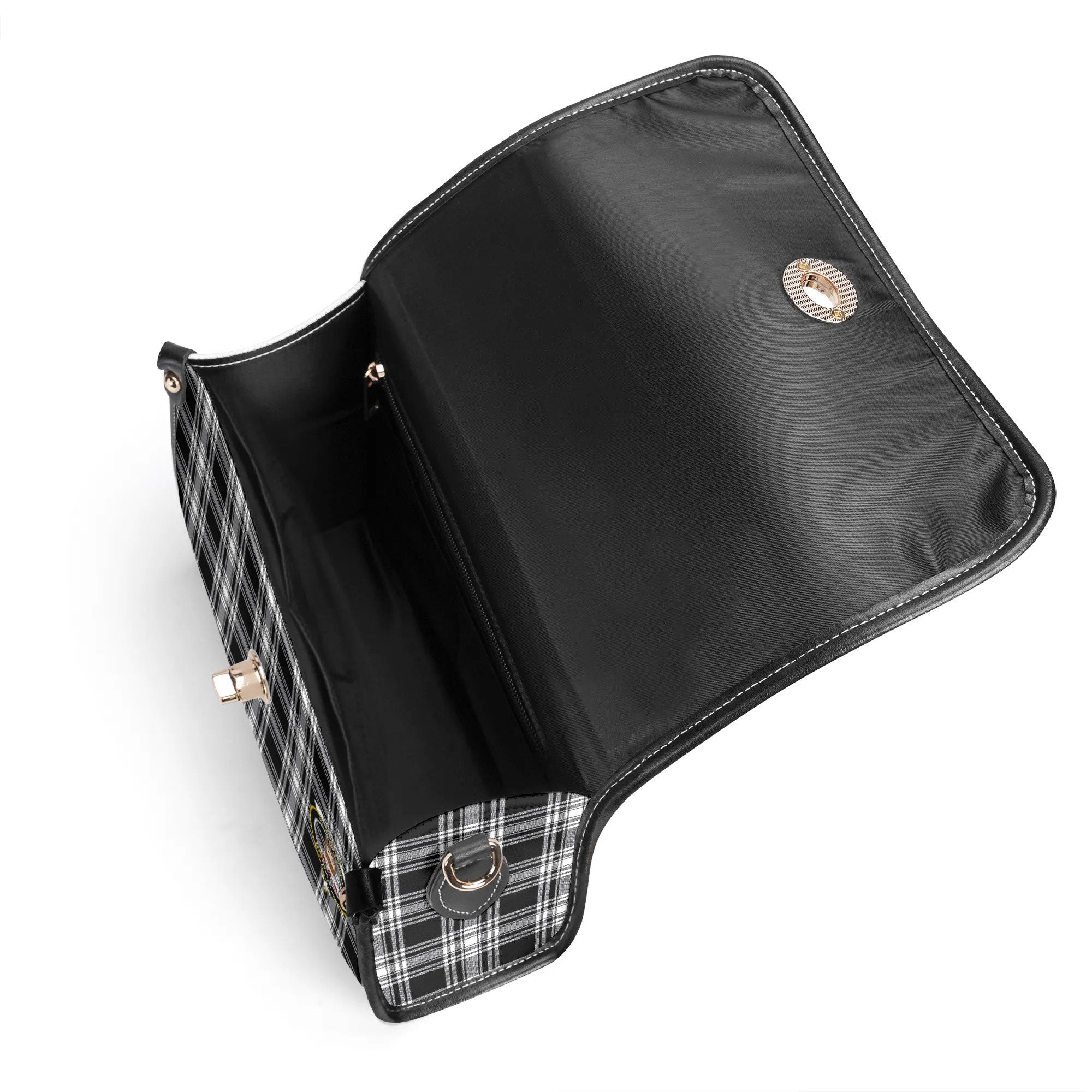 Menzies Black - White Modern Tartan Crest Satchel Bag
