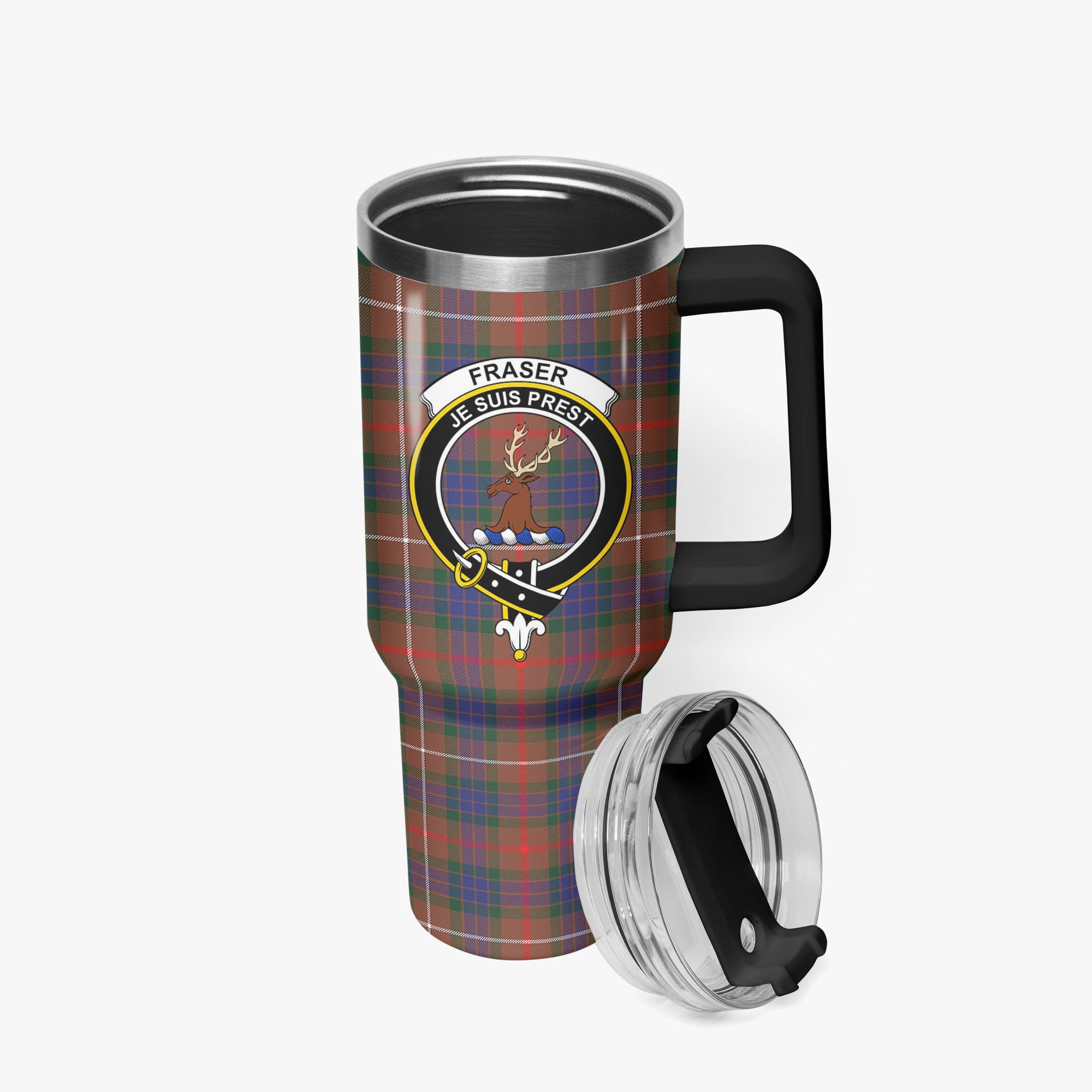 Fraser (of Lovat) Hunting Modern Tartan Crest 40 oz Insulated Tumbler with Handle