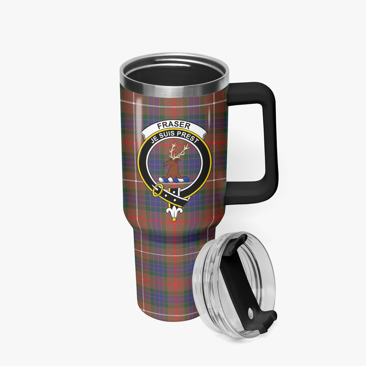 Fraser (of Lovat) Hunting Modern Tartan Crest 40 oz Insulated Tumbler with Handle