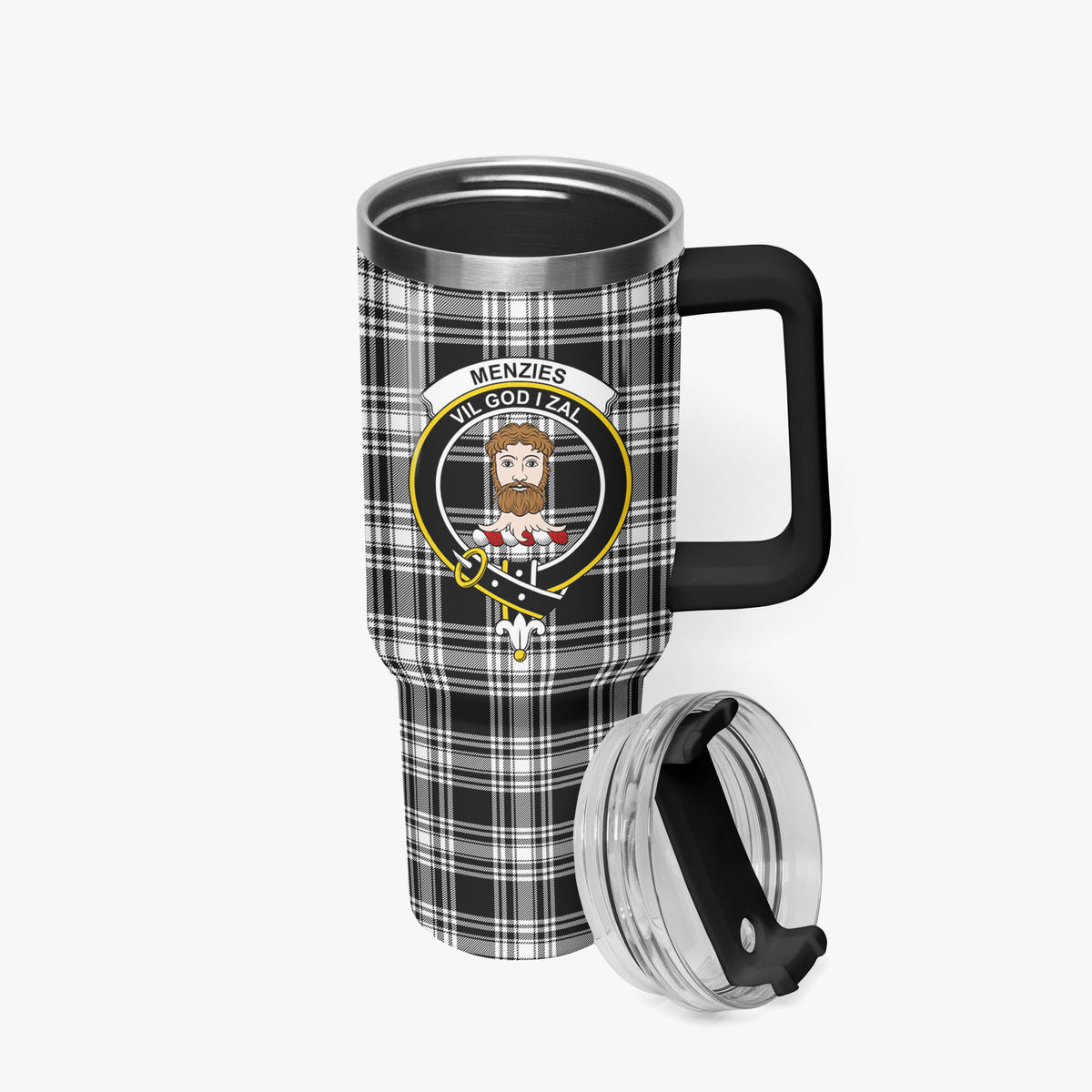 Menzies Black - White Modern Tartan Crest 40 oz Insulated Tumbler with Handle