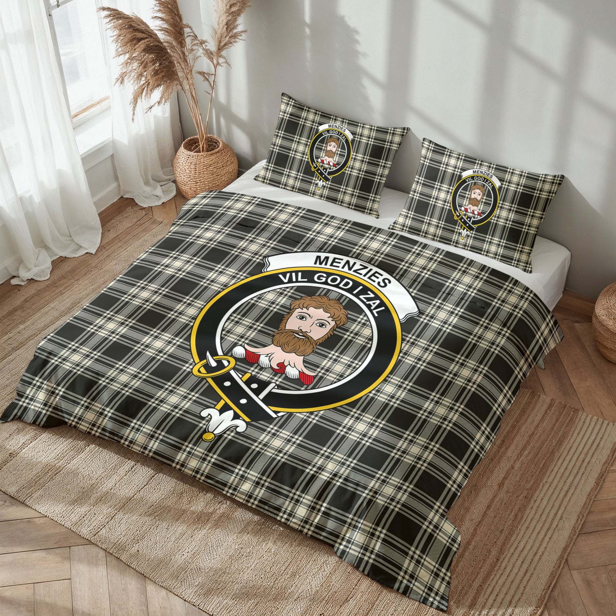 Menzies Black - White Ancient Tartan Crest Bedding Set