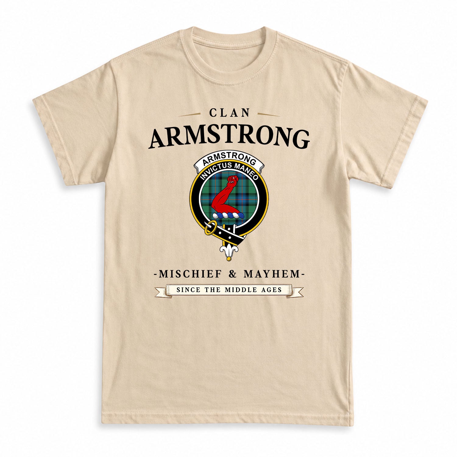 Armstrong Ancient Tartan Crest Mischief and Mayhem T-shirt