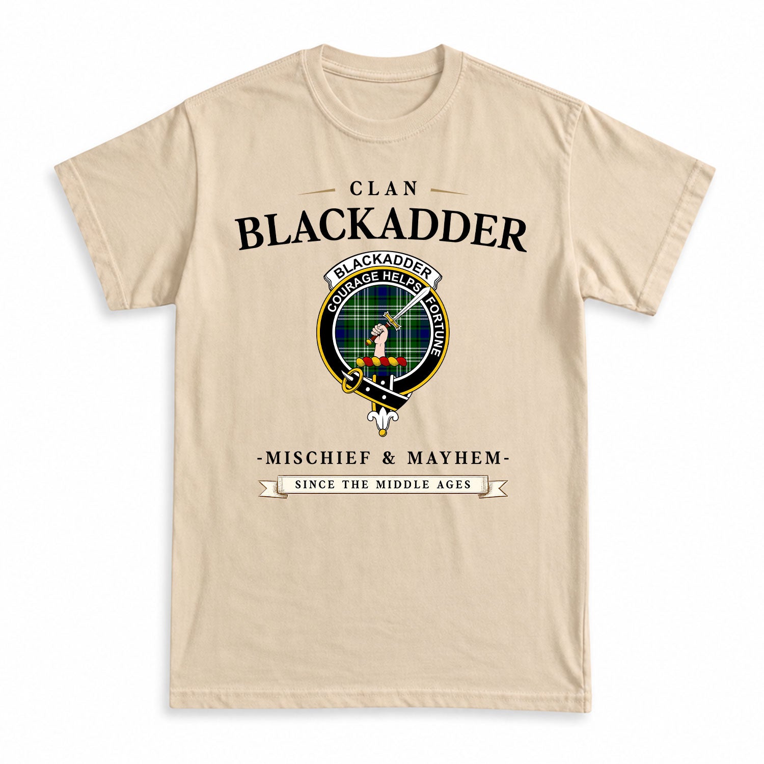 Blackadder Tartan Crest Mischief and Mayhem T-shirt