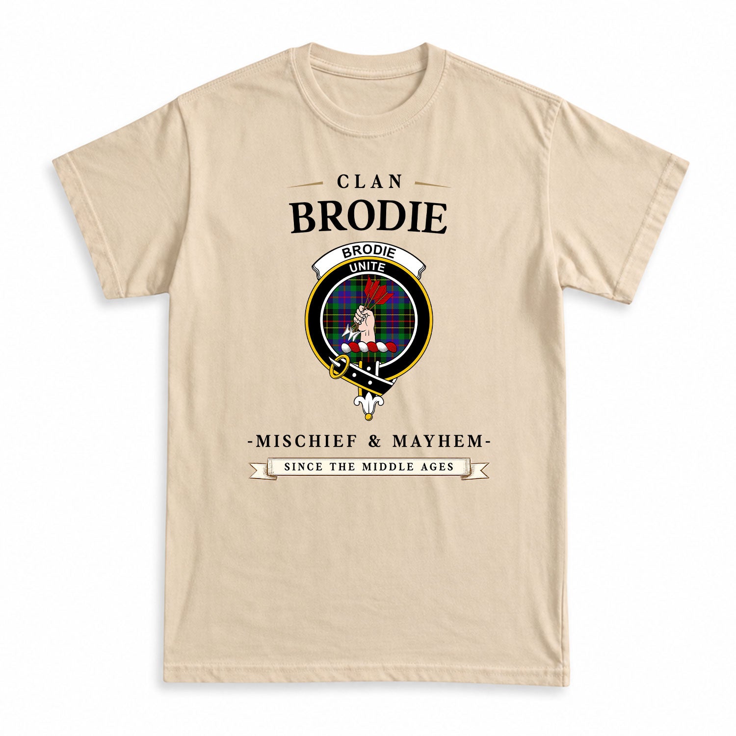Brodie Hunting Modern Tartan Crest Mischief and Mayhem T-shirt
