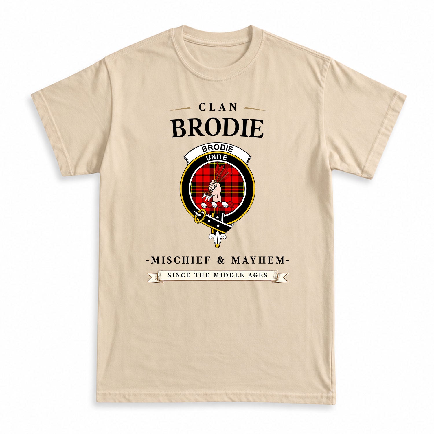Brodie Modern Tartan Crest Mischief and Mayhem T-shirt