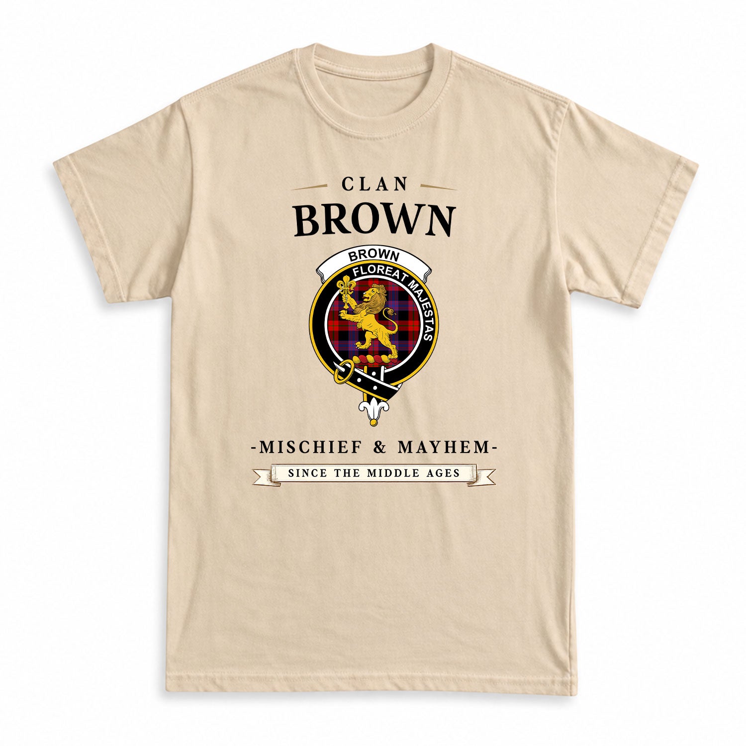 Brown Modern Tartan Crest Mischief and Mayhem T-shirt