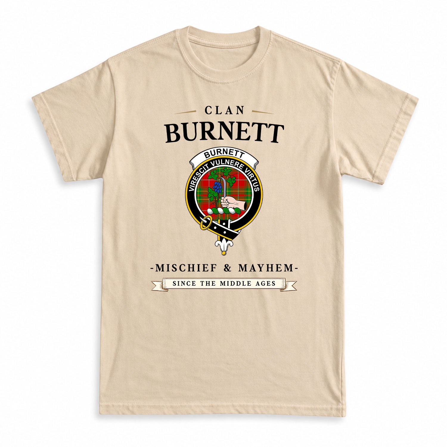 Burnett Ancient Tartan Crest Mischief and Mayhem T-shirt