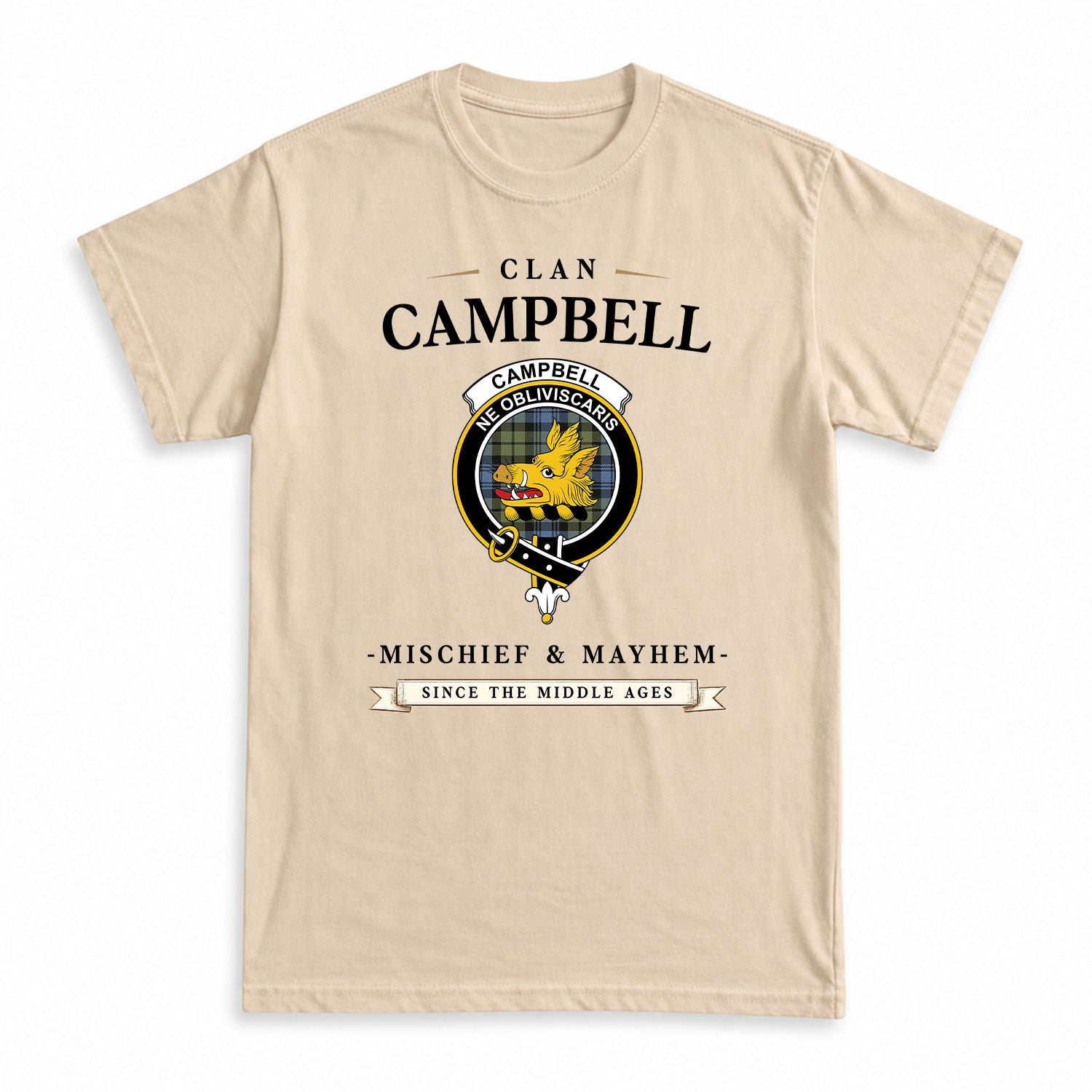 Campbell Faded Tartan Crest Mischief and Mayhem T-shirt