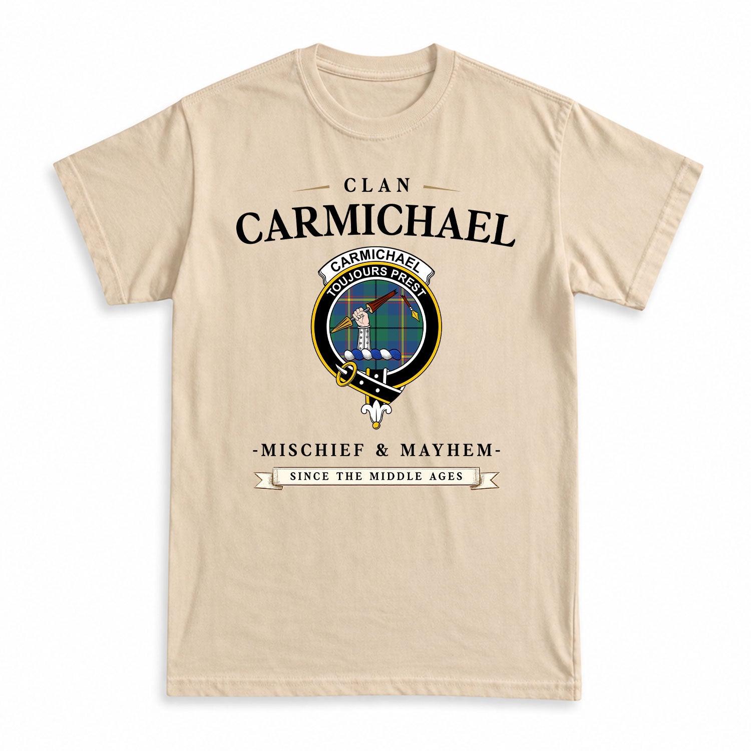 Carmichael Ancient Tartan Crest Mischief and Mayhem T-shirt