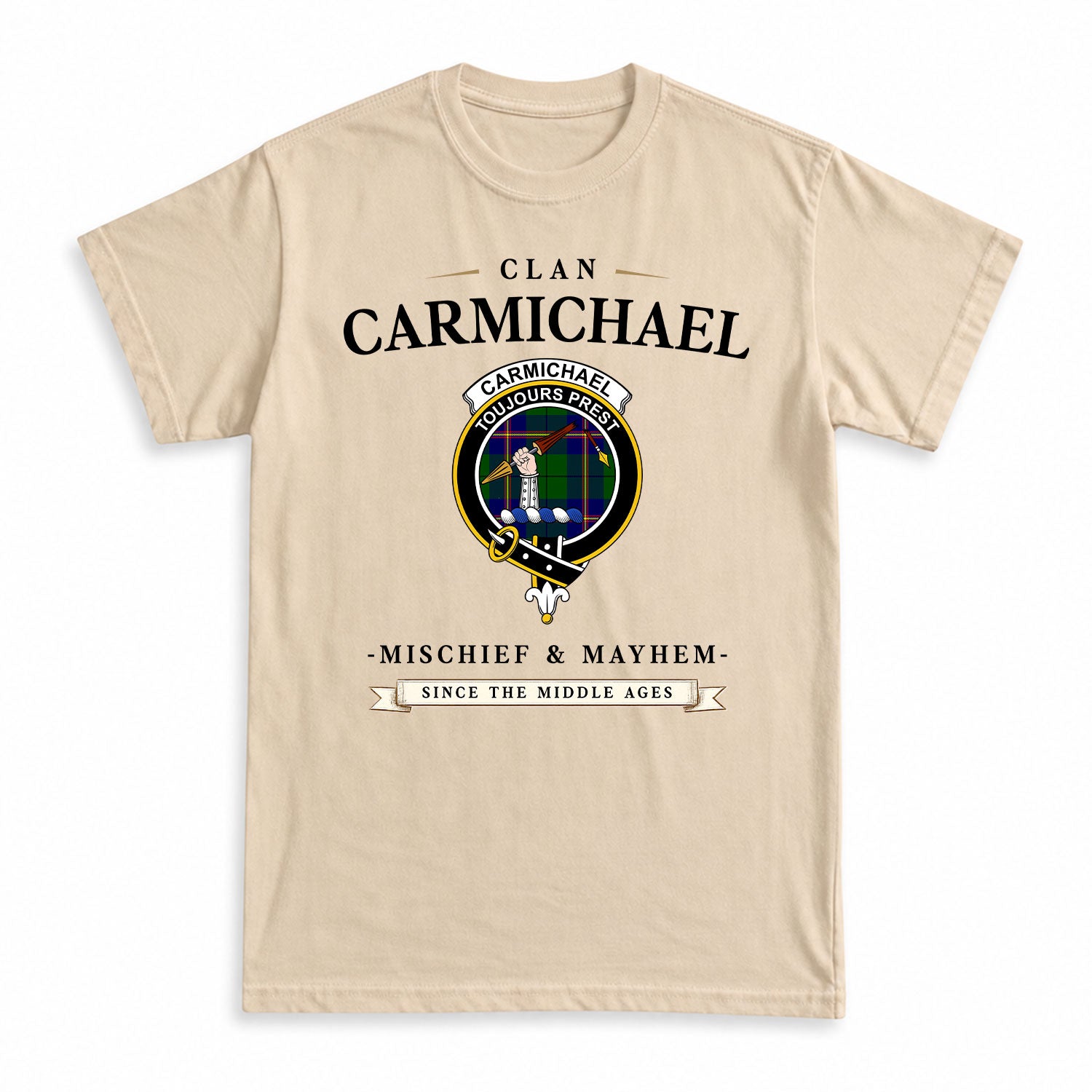 Carmichael Modern Tartan Crest Mischief and Mayhem T-shirt