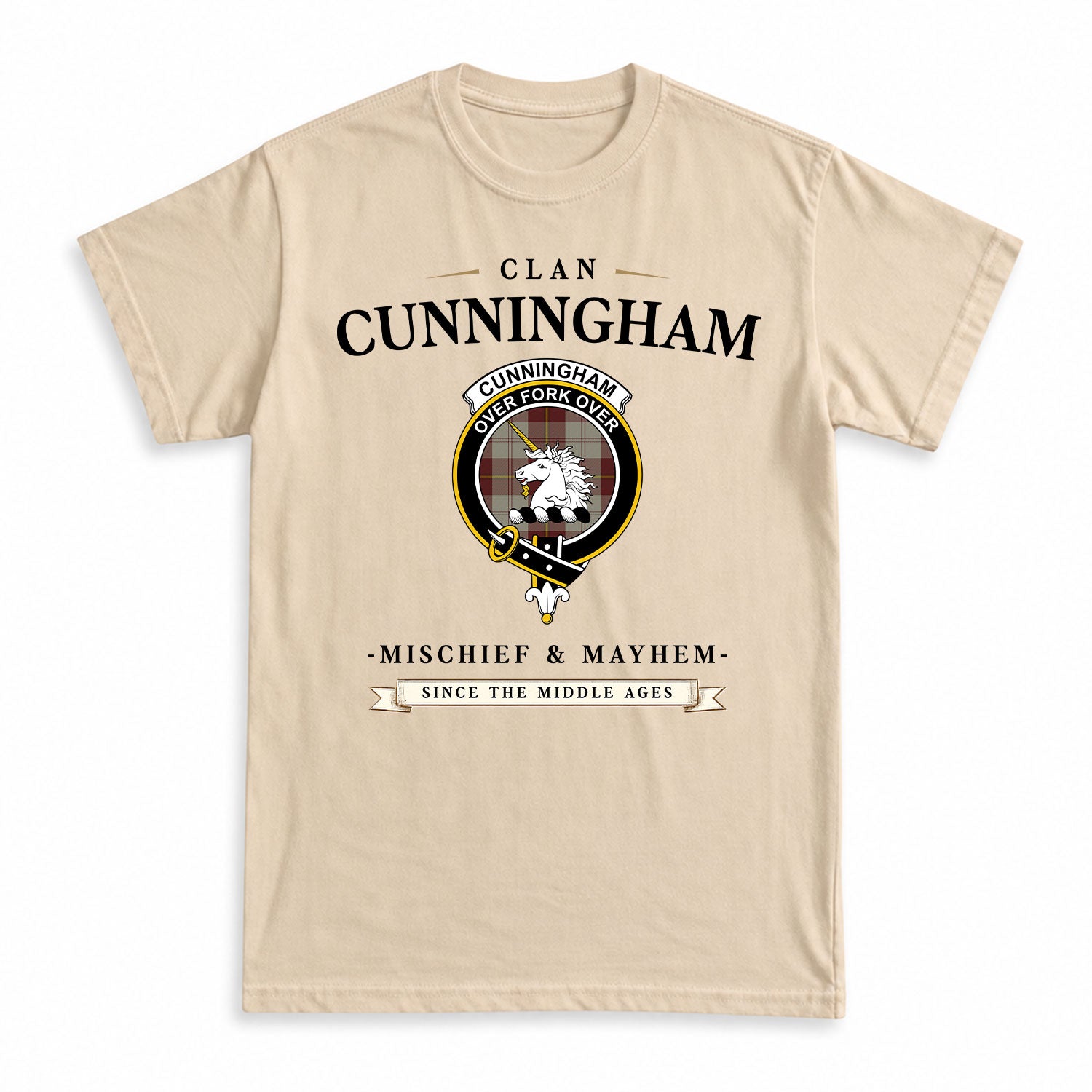 Cunningham Burgundy Dancers Tartan Crest Mischief and Mayhem T-shirt