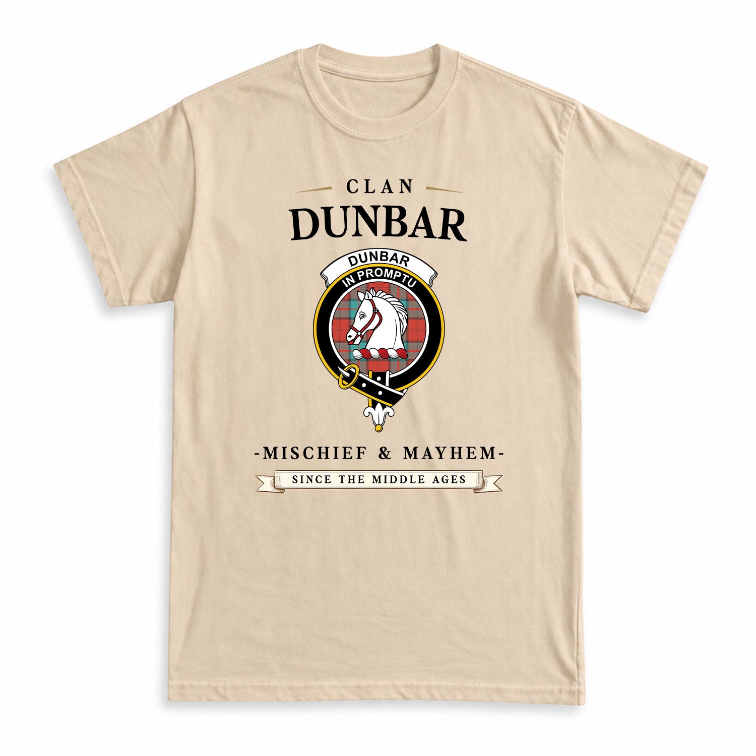 Dunbar Ancient Tartan Crest Mischief and Mayhem T-shirt