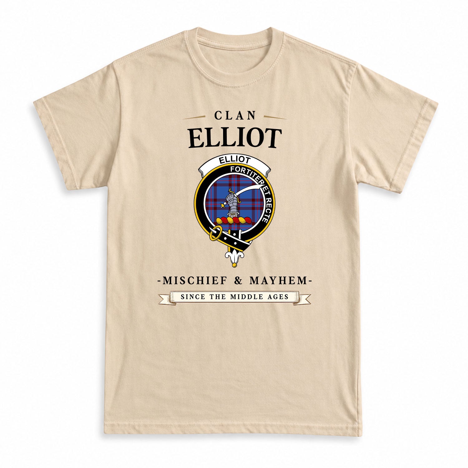 Elliot Modern Tartan Crest Mischief and Mayhem T-shirt