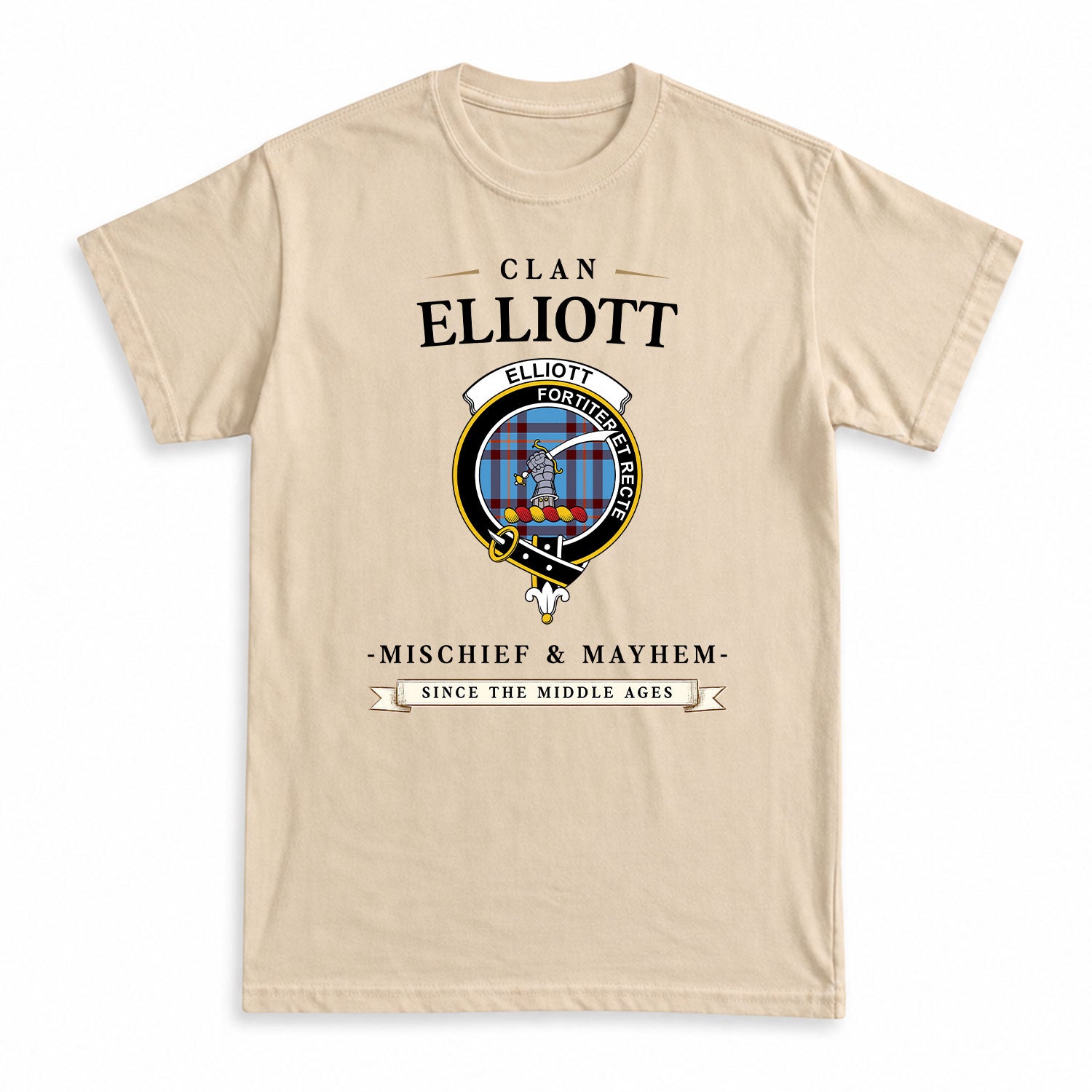 Elliott Ancient Tartan Crest Mischief and Mayhem T-shirt