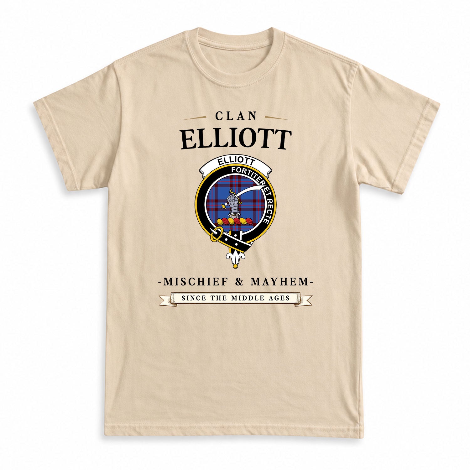 Elliott Modern Tartan Crest Mischief and Mayhem T-shirt