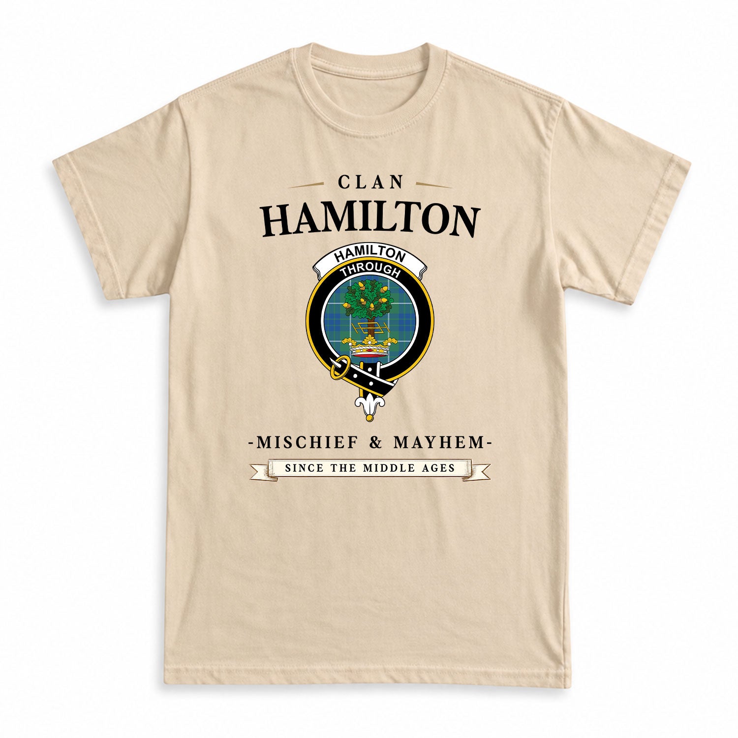 Hamilton Hunting Ancient Tartan Crest Mischief and Mayhem T-shirt