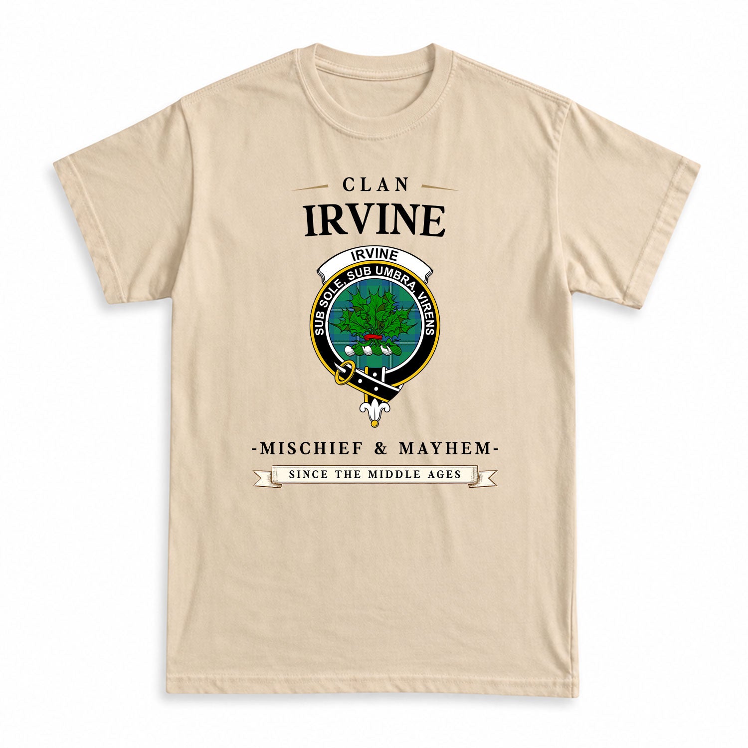 Irvine Ancient Tartan Crest Mischief and Mayhem T-shirt