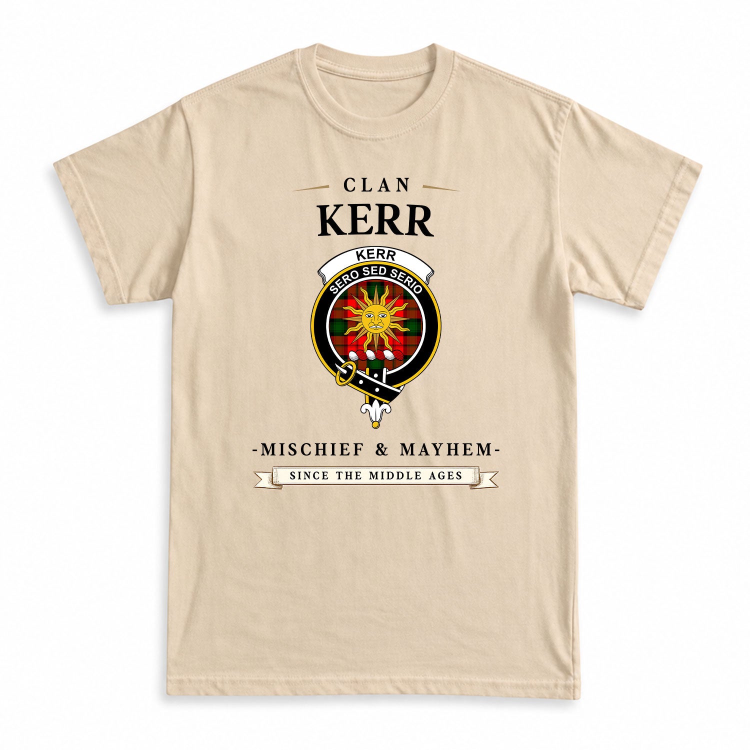 Kerr Modern Tartan Crest Mischief and Mayhem T-shirt