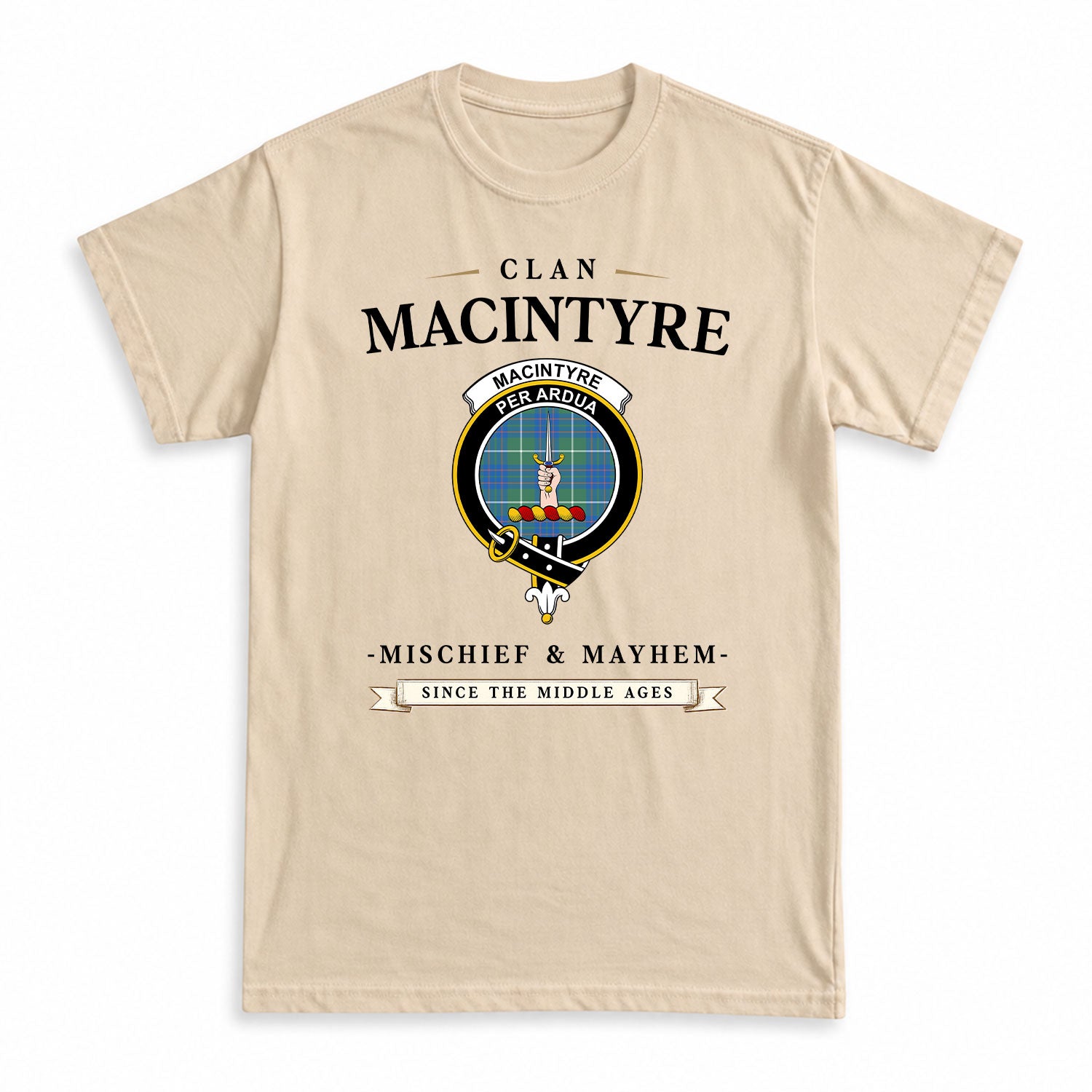 MacIntyre Hunting Ancient Tartan Crest Mischief and Mayhem T-shirt