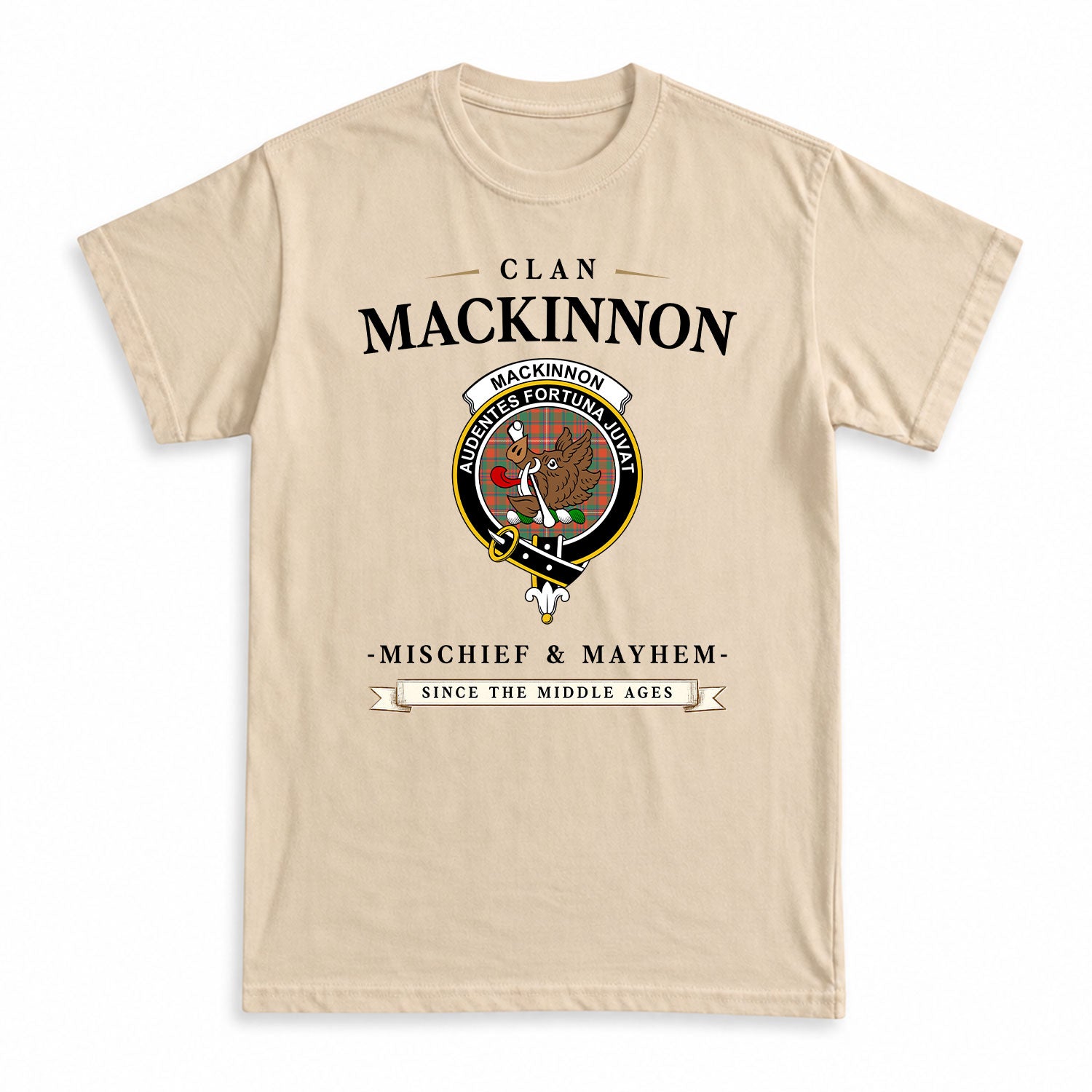 MacKinnon Ancient Tartan Crest Mischief and Mayhem T-shirt