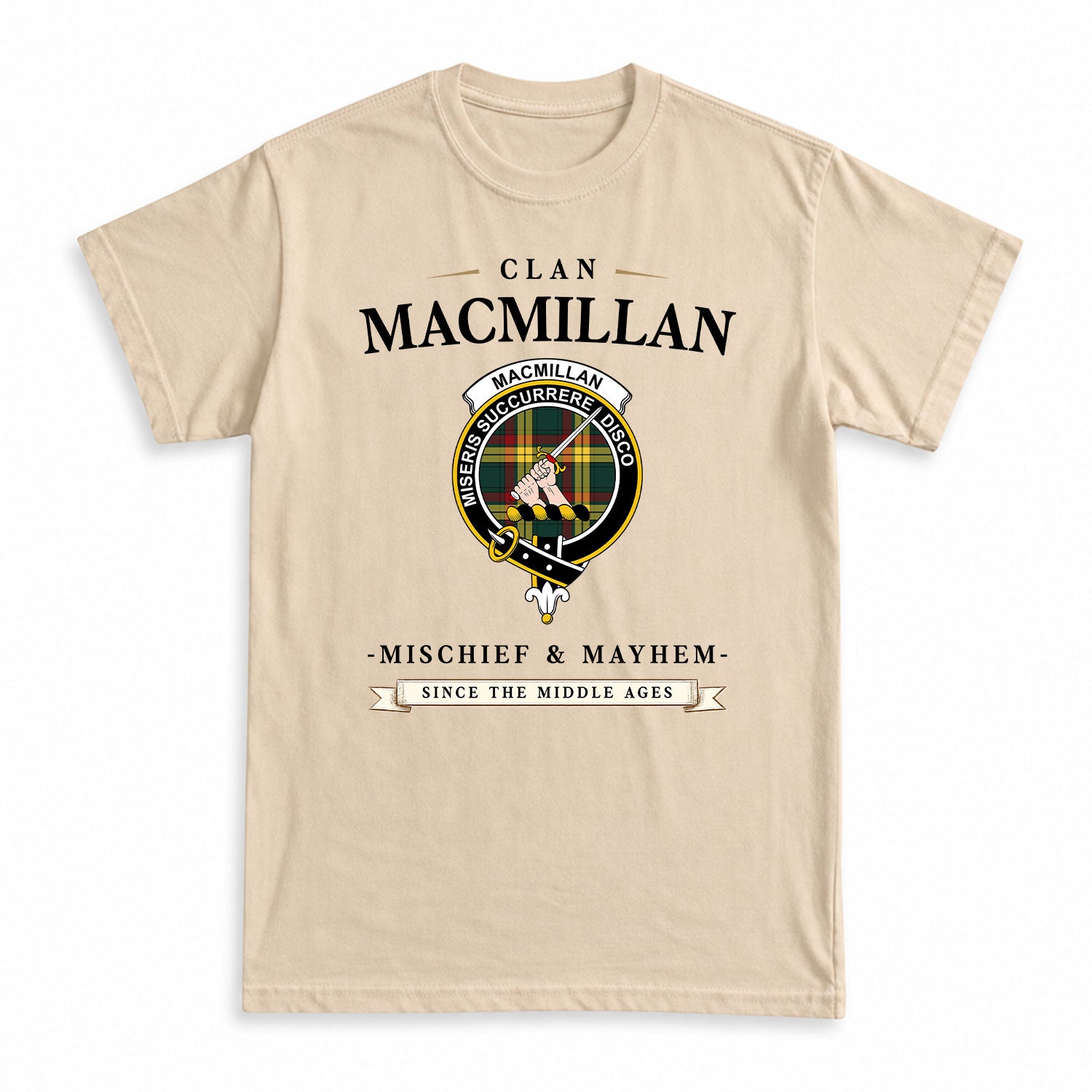 MacMillan Old Modern Tartan Crest Mischief and Mayhem T-shirt