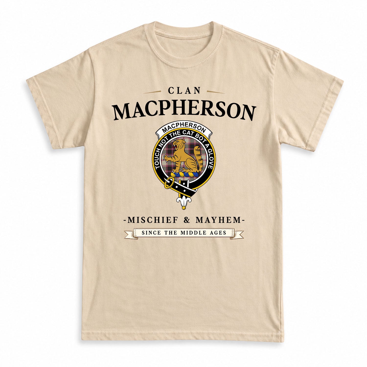 MacPherson Hunting Ancient Tartan Crest Mischief and Mayhem T-shirt