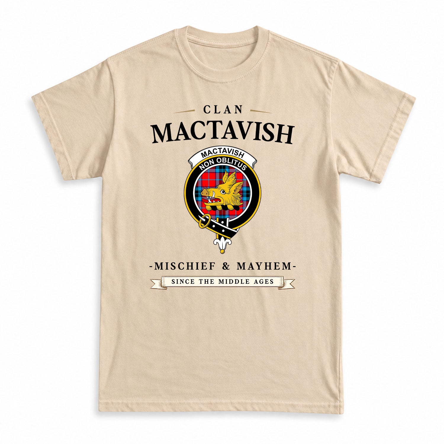 MacTavish Modern Tartan Crest Mischief and Mayhem T-shirt