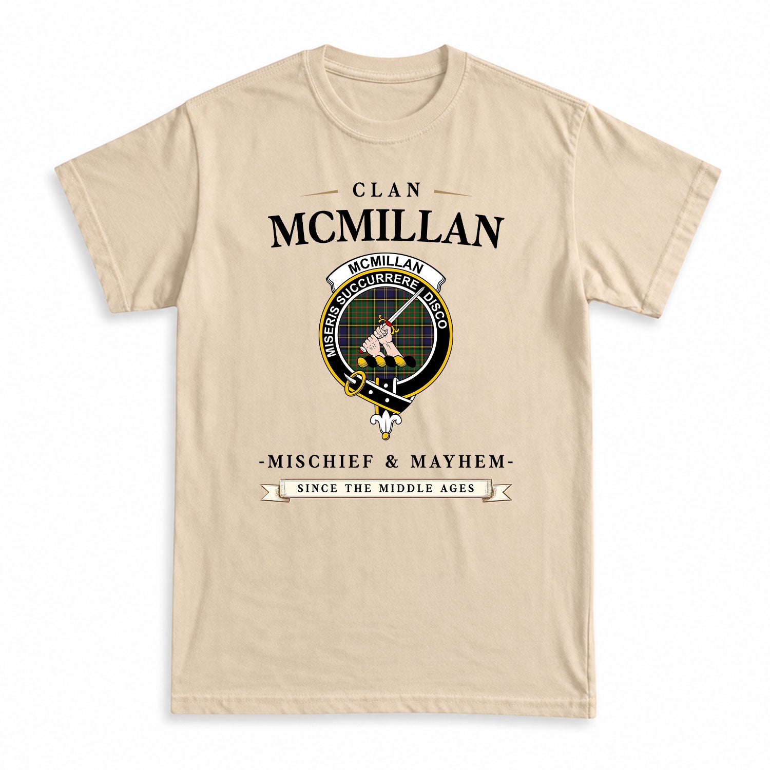McMillan Hunting Modern Tartan Crest Mischief and Mayhem T-shirt