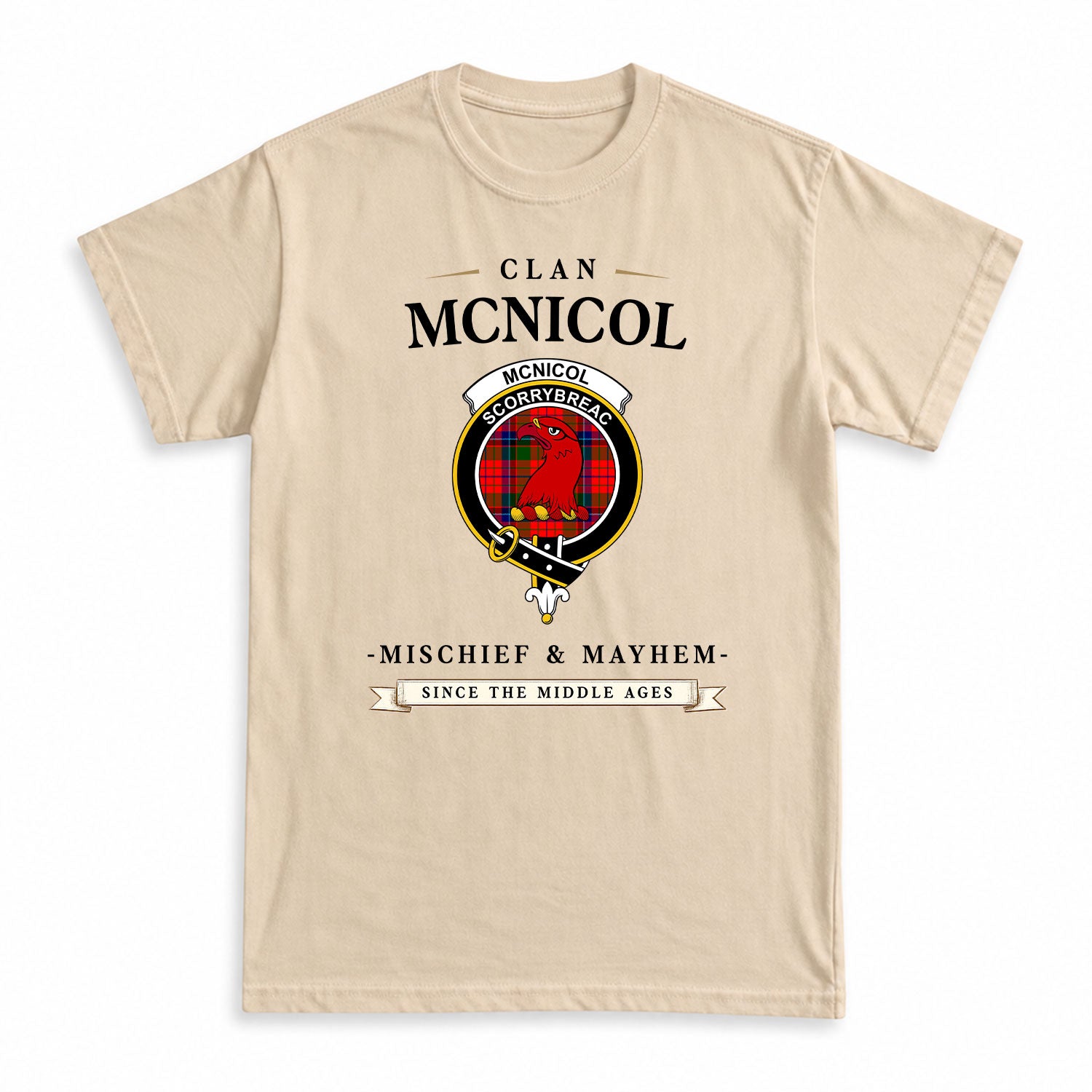 McNicol (of Scorrybreac) Tartan Crest Mischief and Mayhem T-shirt