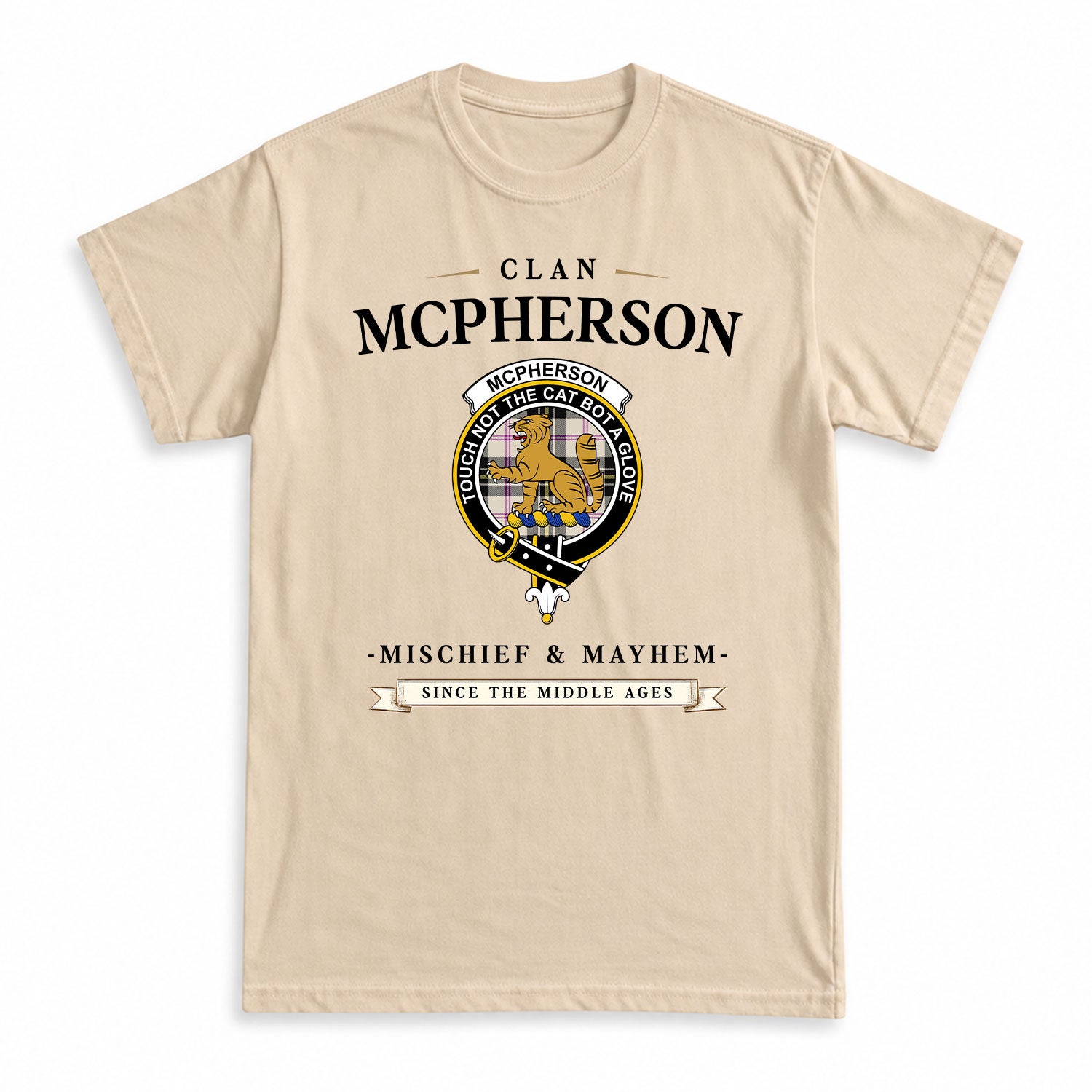 McPherson Dress Ancient Tartan Crest Mischief and Mayhem T-shirt