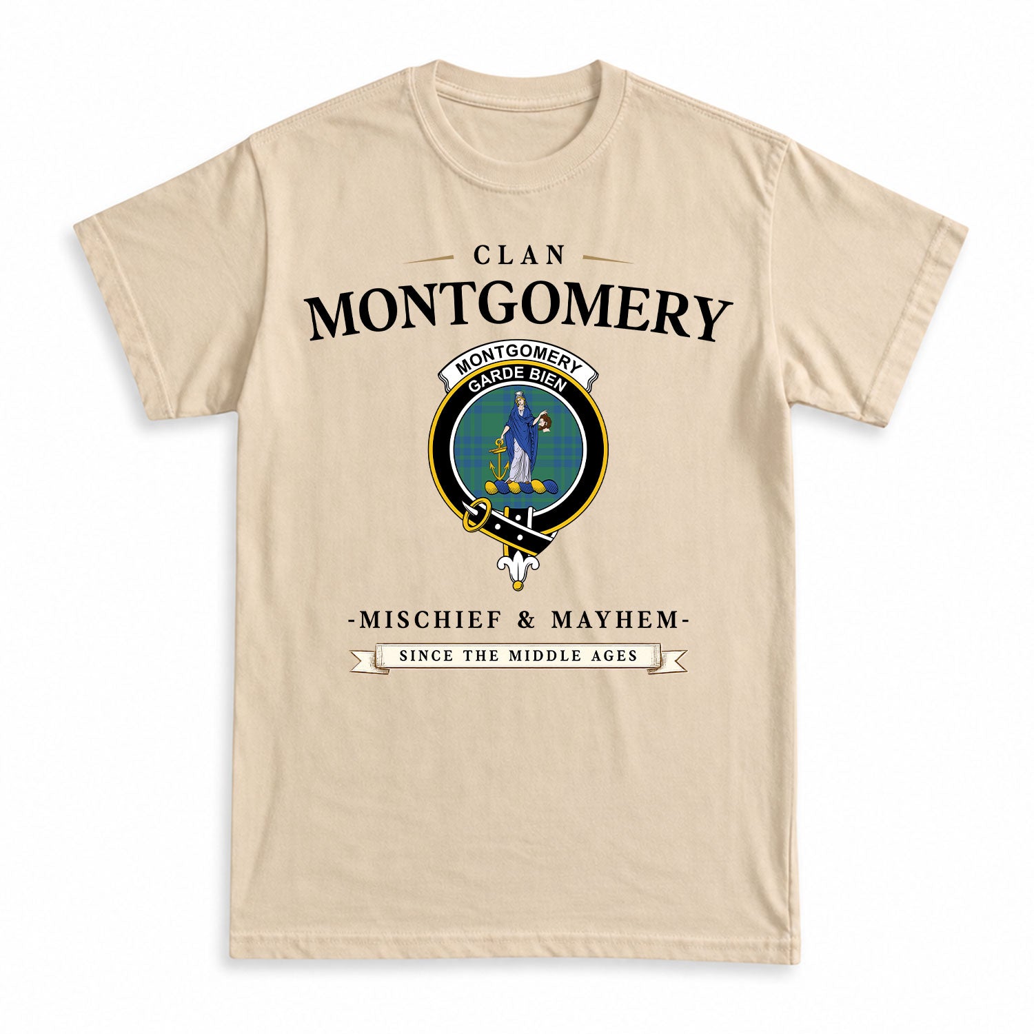 Montgomery Ancient Tartan Crest Mischief and Mayhem T-shirt