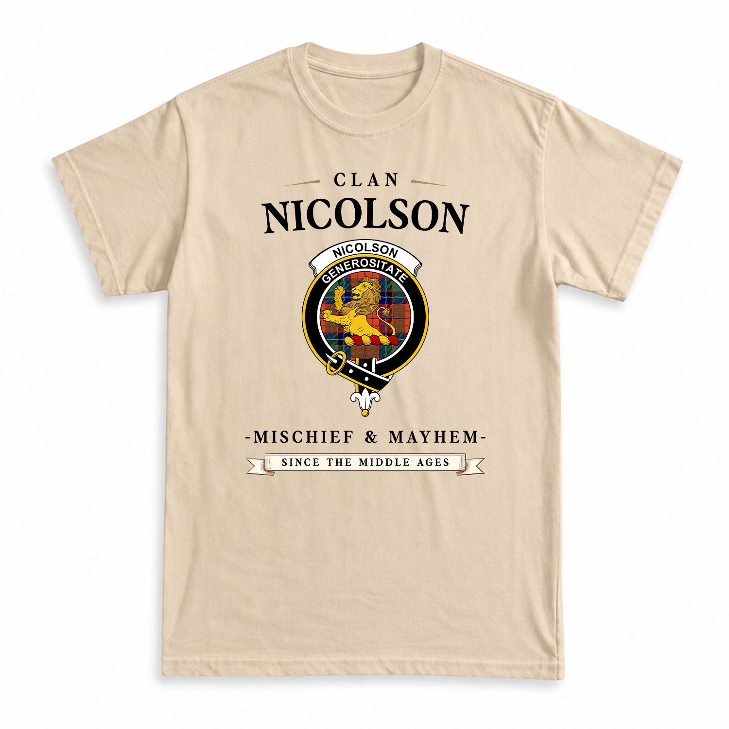 Nicolson Ancient Old Tartan Crest Mischief and Mayhem T-shirt