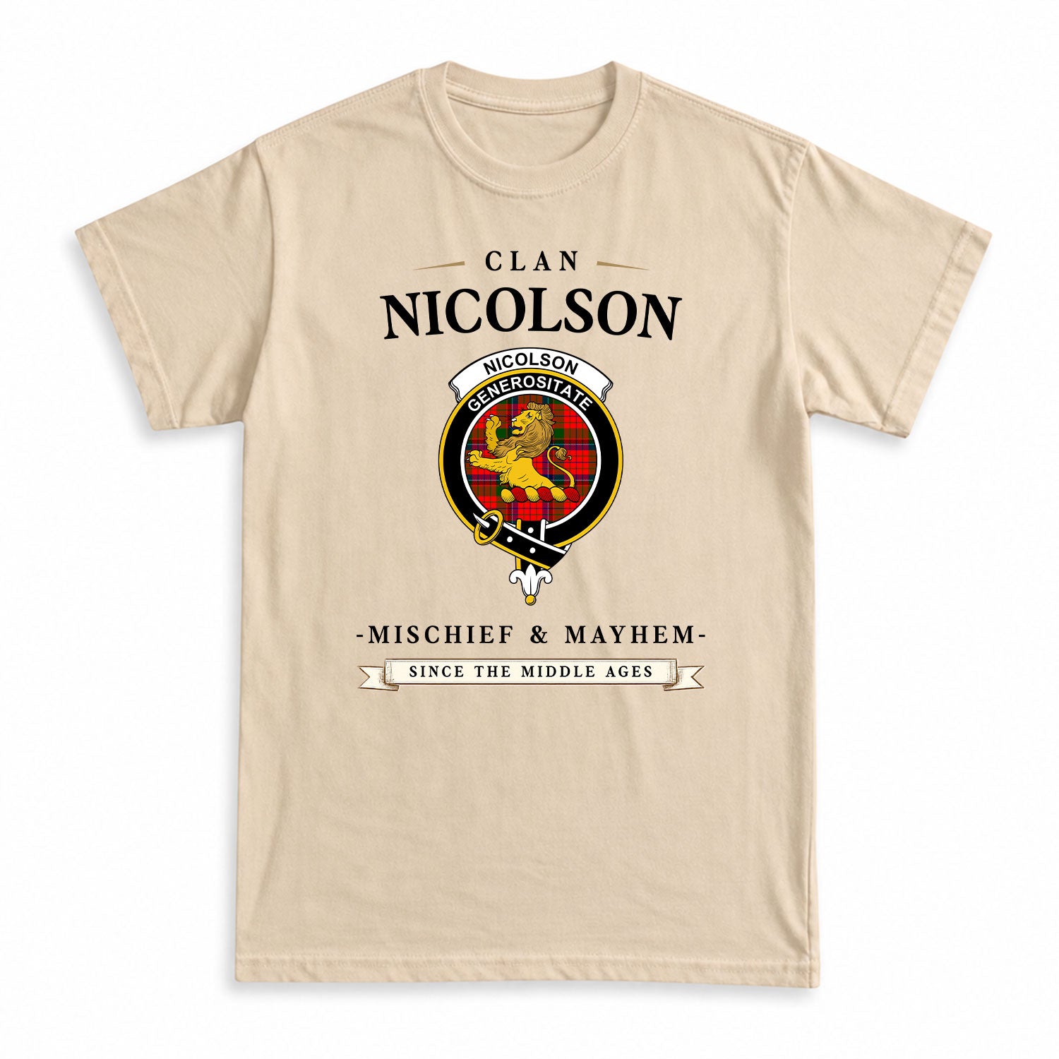 Nicolson Modern Tartan Crest Mischief and Mayhem T-shirt