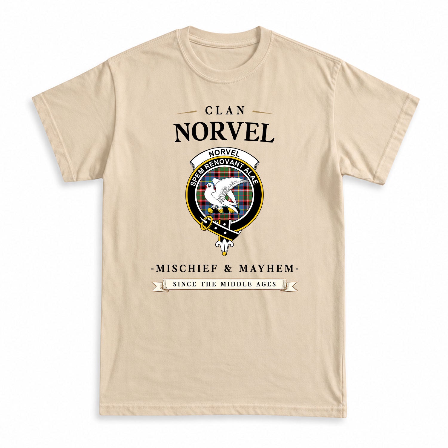 Norvel (or Norvill) Tartan Crest Mischief and Mayhem T-shirt