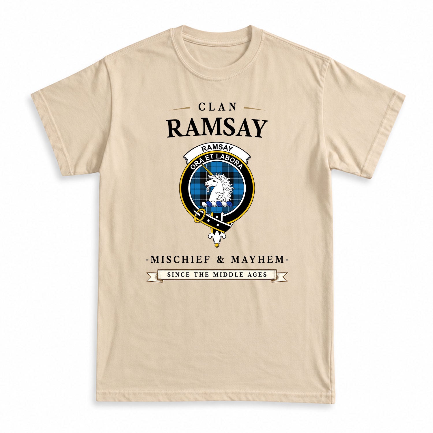 Ramsay Blue Ancient Tartan Crest Mischief and Mayhem T-shirt