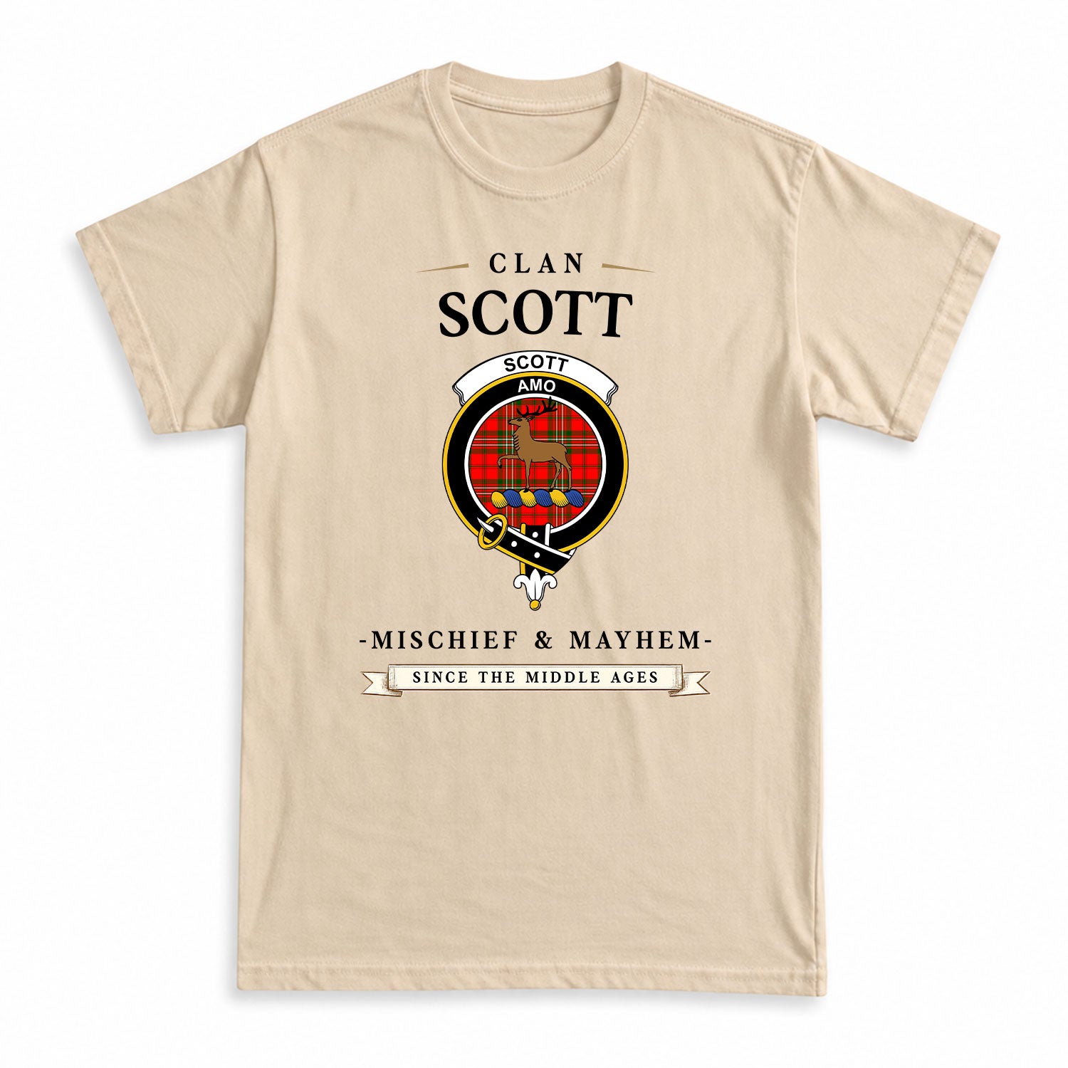 Scott Modern Tartan Crest Mischief and Mayhem T-shirt