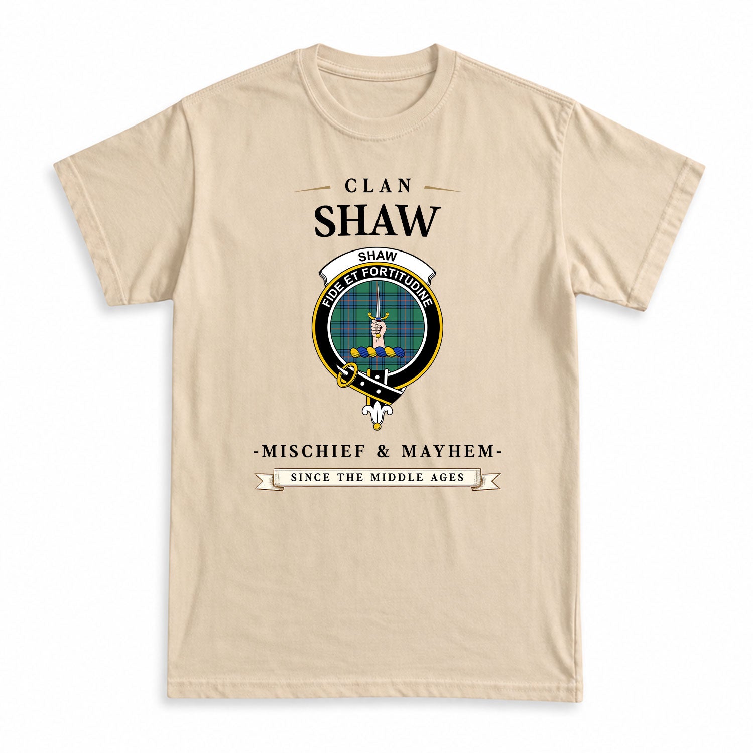 Shaw Ancient Tartan Crest Mischief and Mayhem T-shirt