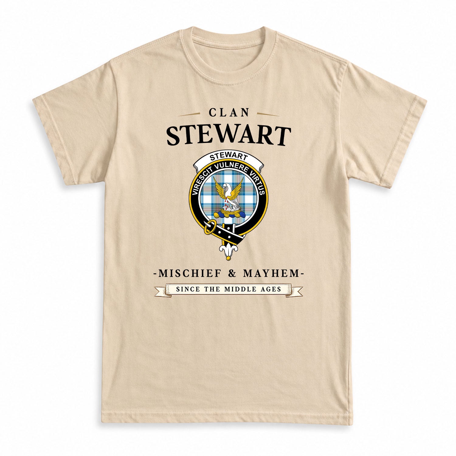 Stewart Muted Blue Tartan Crest Mischief and Mayhem T-shirt