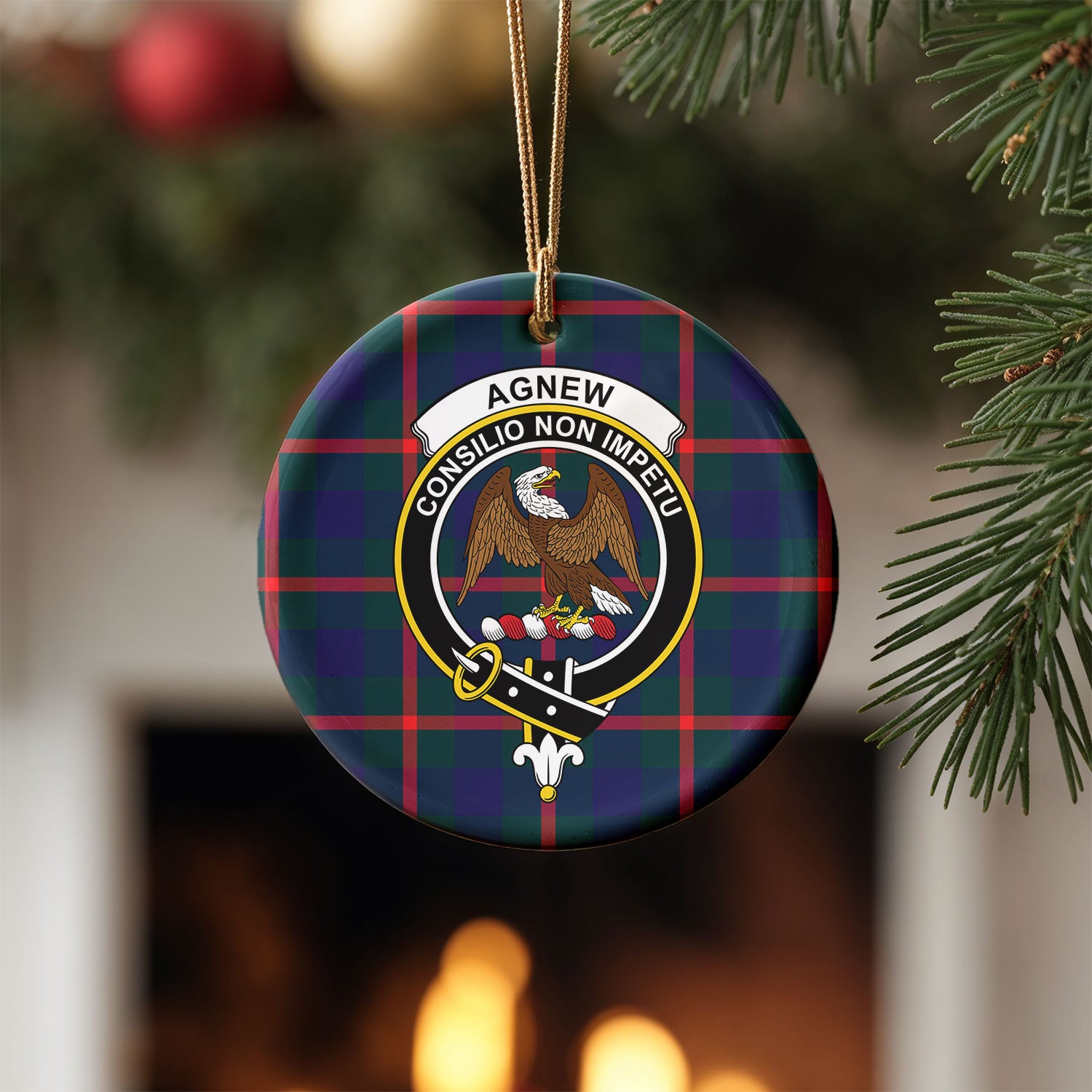 Agnew Modern Tartan Crest Christmas Ceramic Ornament