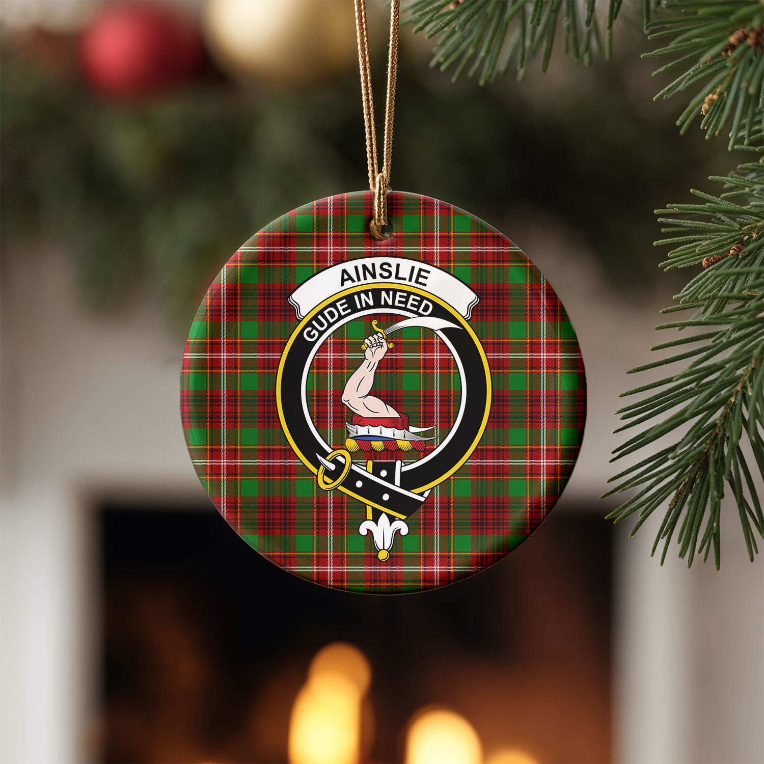 Ainslie Tartan Crest Christmas Ceramic Ornament