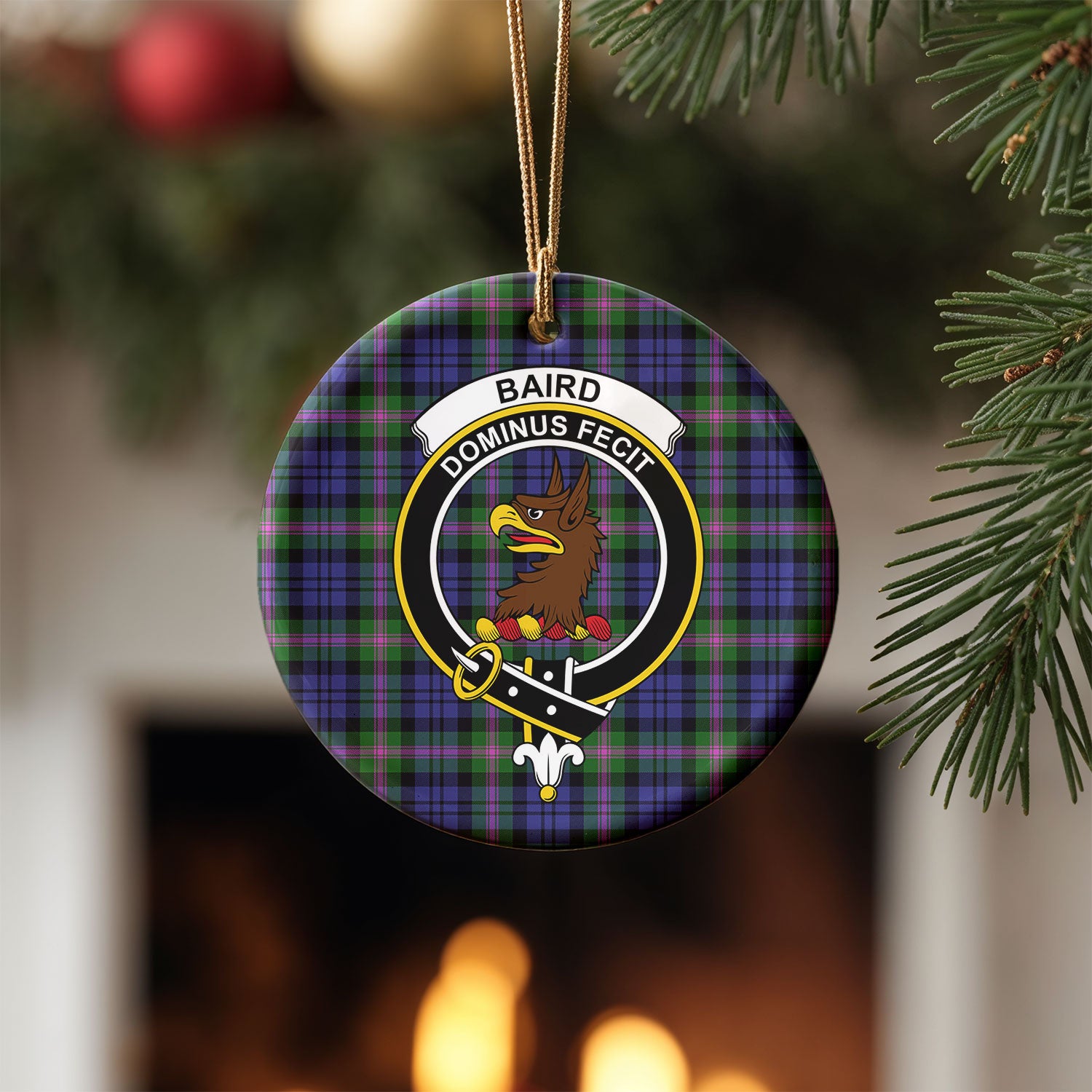 Baird Modern Tartan Crest Christmas Ceramic Ornament