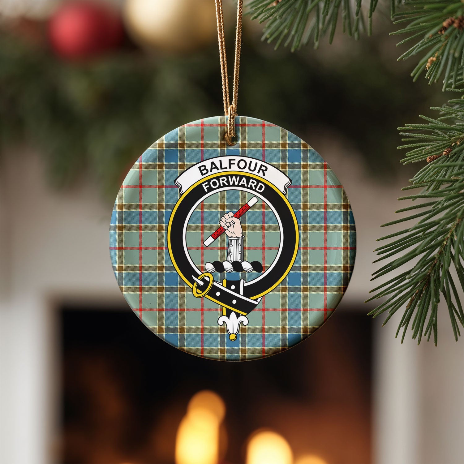 Balfour Blue Tartan Crest Christmas Ceramic Ornament