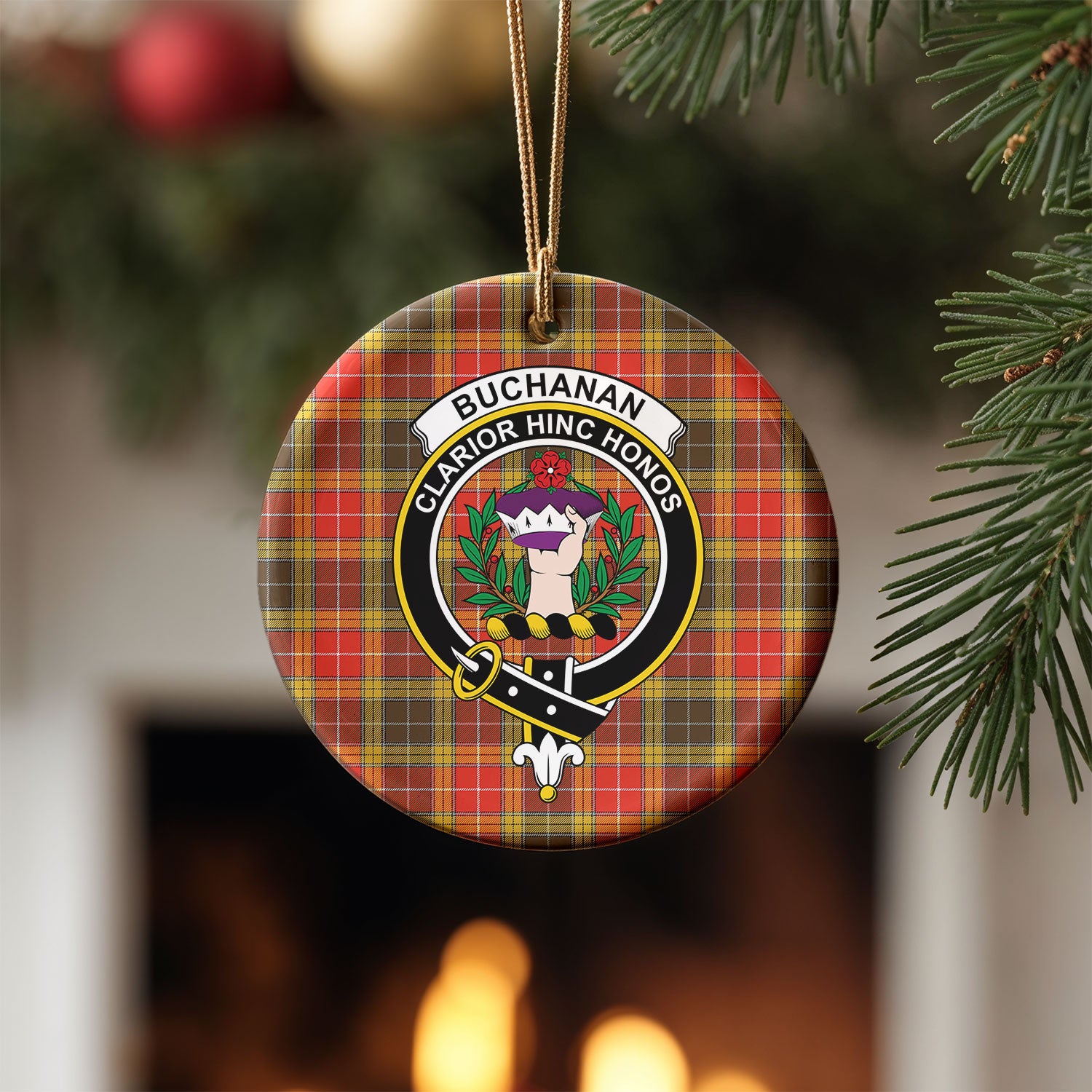 Buchanan Old Set Weathered Tartan Crest Christmas Ceramic Ornament