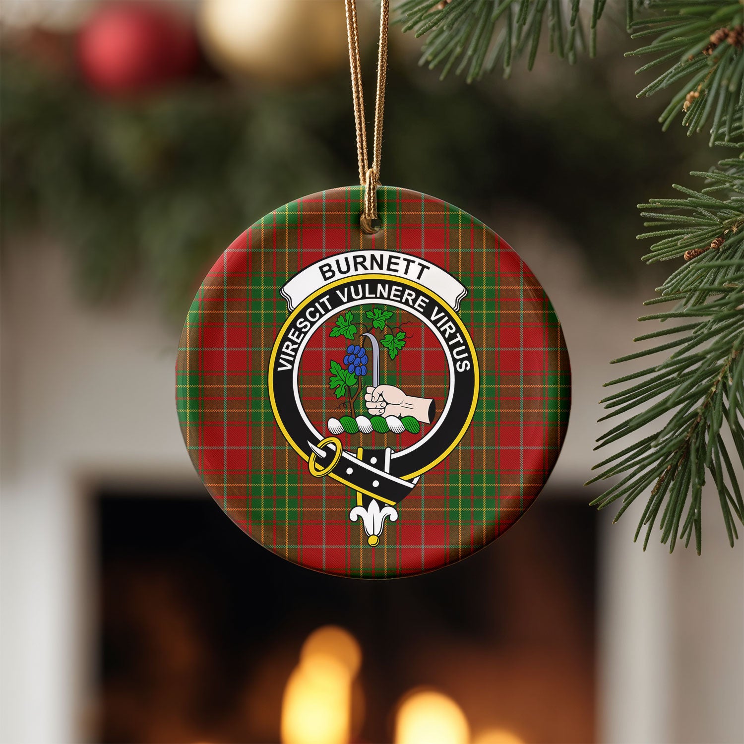 Burnett Tartan Crest Christmas Ceramic Ornament