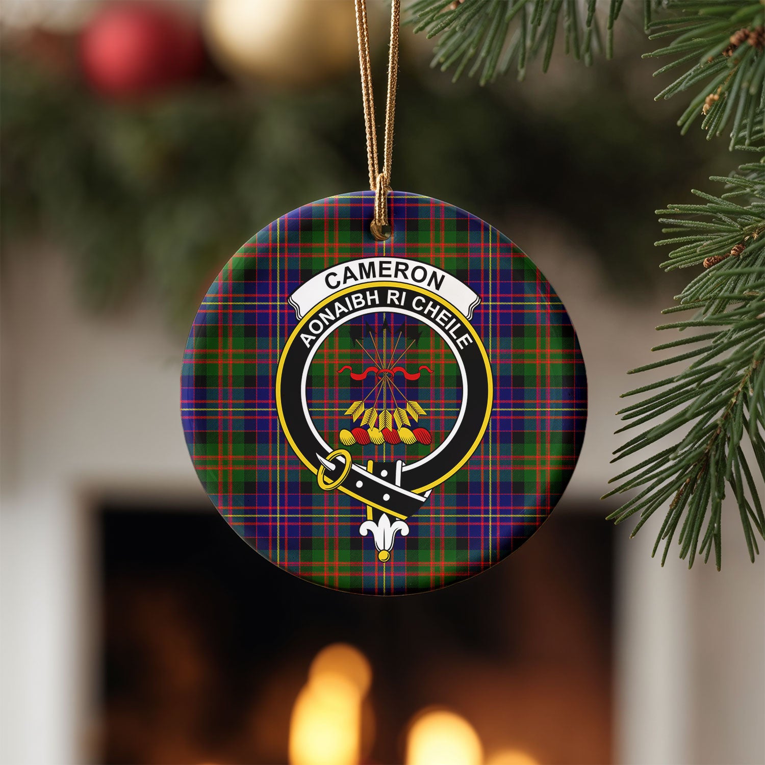 Cameron of Erracht Modern Tartan Crest Christmas Ceramic Ornament